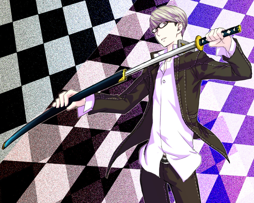 checkered checkered_background glasses katana magi12 male_focus narukami_yuu persona persona_4 school_uniform sheath solo sword unsheathing weapon