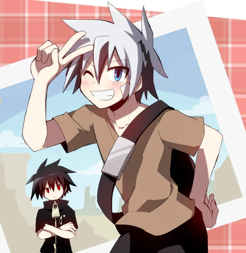 2boys ;d arm_up backpack bag black_hair black_pants blue_eyes blue_sky brown_bag brown_shirt cowboy_shot crea_(senyuu) crossed_arms grey_hair grin hair_between_eyes hand_on_own_ass highres leaning_forward light_blush log_80000 male_focus multicolored_background multicolored_hair multiple_boys one_eye_closed pants plaid_background ross_(senyuu) sen'yuu. shirt short_hair short_sleeves shoulder_strap sky smile solo_focus spiked_hair split_mouth streaked_hair t-shirt tsurime v zipper