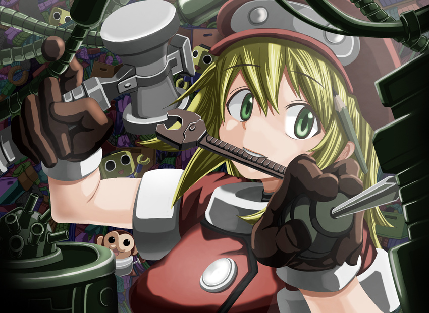 bad_id bad_pixiv_id blonde_hair cable data_(rockman_dash) gloves green_eyes hammer hat kobun mouth_hold pencil rockman rockman_dash roll_caskett screwdriver taguchi_takahiro wrench