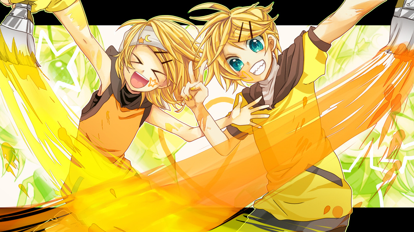 &gt;_&lt; 1girl aqua_eyes blonde_hair brother_and_sister closed_eyes facepaint grin hair_ornament hairband hairclip kagamine_len kagamine_rin paint paintbrush rabaraba_5000_(vocaloid) short_hair siblings smile star twins ui_(rot) v vocaloid