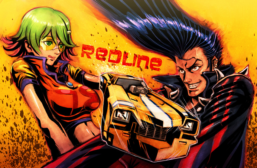 1girl :q black_hair boyaking brown_eyes car earrings green_eyes green_hair grin ground_vehicle hair_ornament hairclip jewelry jp midriff motor_vehicle pompadour redline short_hair smile sonoshee_mclaren tongue tongue_out