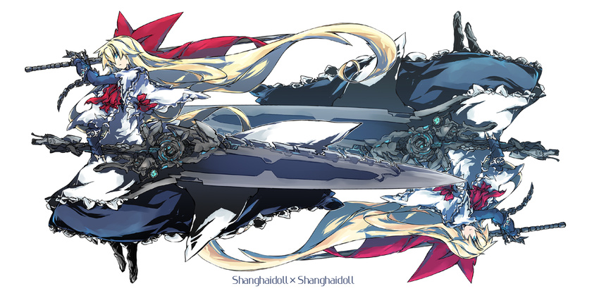 beru blonde_hair blue_eyes bow capelet dress dual_persona dual_wielding gloves hair_bow holding huge_weapon long_hair multiple_girls rotational_symmetry shanghai_doll simple_background sword touhou very_long_hair weapon