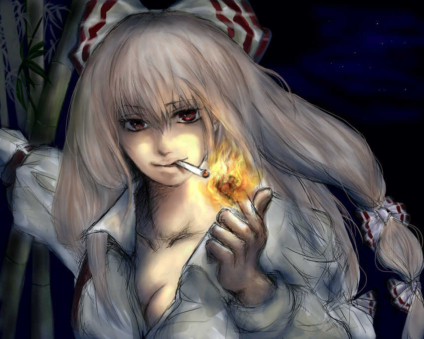 bad_id bad_pixiv_id bamboo bamboo_forest cigarette colorized fire forest fujiwara_no_mokou hair_ribbon hands mizutama238 nature night red_eyes ribbon shirt silver_hair sketch smile solo touhou unbuttoned white_shirt