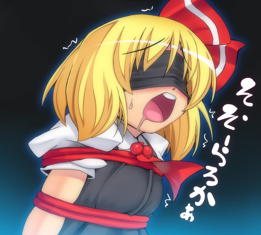 1girl blindfold blonde_hair blush bound drooling face gradient gradient_background hair_ribbon kanno open_mouth ribbon rumia saliva short_hair solo tied_up touhou translated