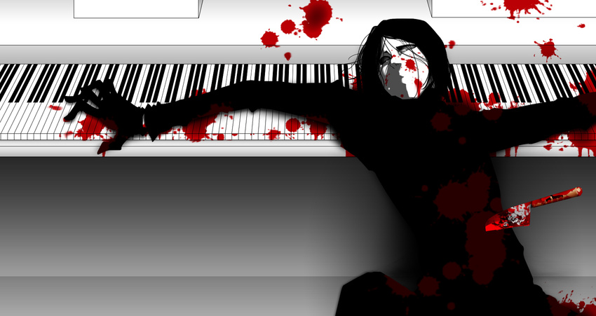 black_hair blood bloody_clothes bloody_knife bloody_weapon death gloves highres instrument knife male_focus piano sekomumasada_sensei solo wallpaper weapon yume_nikki