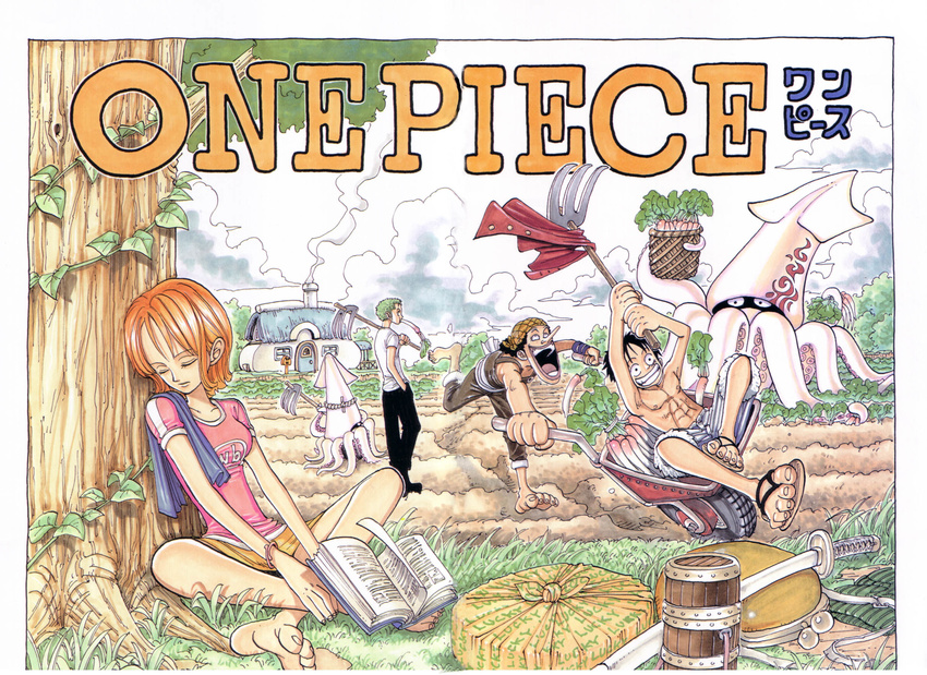 1998 1girl 3boys abs bag barefoot black_hair black_pants book color_spread colorspread copyright_name cover cover_page eating feet female garden green_hair highres hoe house indian_style monkey_d_luffy multiple_boys muscle nami nami_(one_piece) oda_eiichiro oda_eiichirou official_art one_piece orange_hair outdoors overalls pants pink_shirt roronoa_zoro running sandals scenery shirt shorts sitting sleeping smile squid sword title_drop topless tree usopp weapon white_shirt worktool