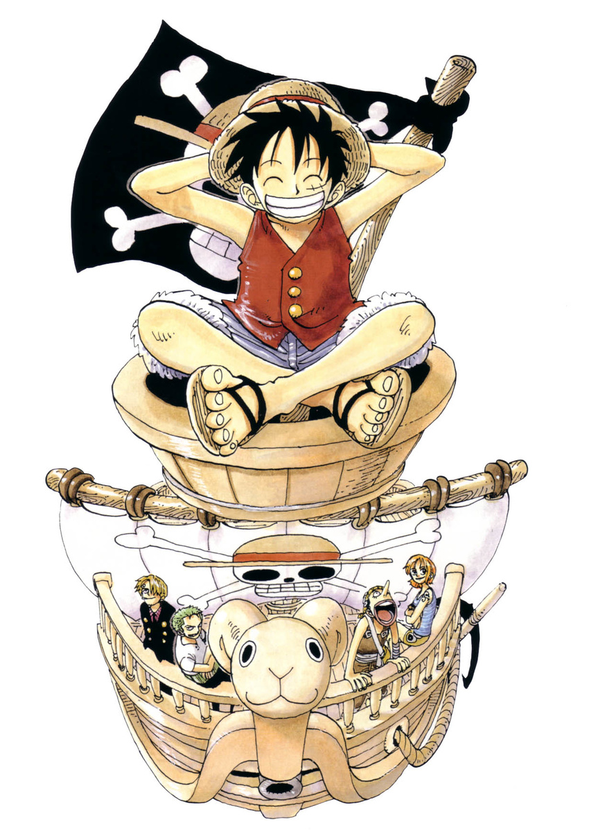 1girl 4boys anchor black_hair blonde_hair bracelet cigarette crossed_arms east_blue formal goggles going_merry green_hair hair_over_one_eye haramaki hat highres indian_style jewelry jolly_roger leaning male monkey_d_luffy multiple_boys nami nami_(one_piece) oda_eiichiro oda_eiichirou official_art one_piece orange_hair overalls perspective pirate pirate_flag railing red_vest rope roronoa_zoro sandals sanji scar ship shirt shorts sitting smile smoking standing straw_hat striped striped_shirt suit tattoo teeth usopp vest white_shirt
