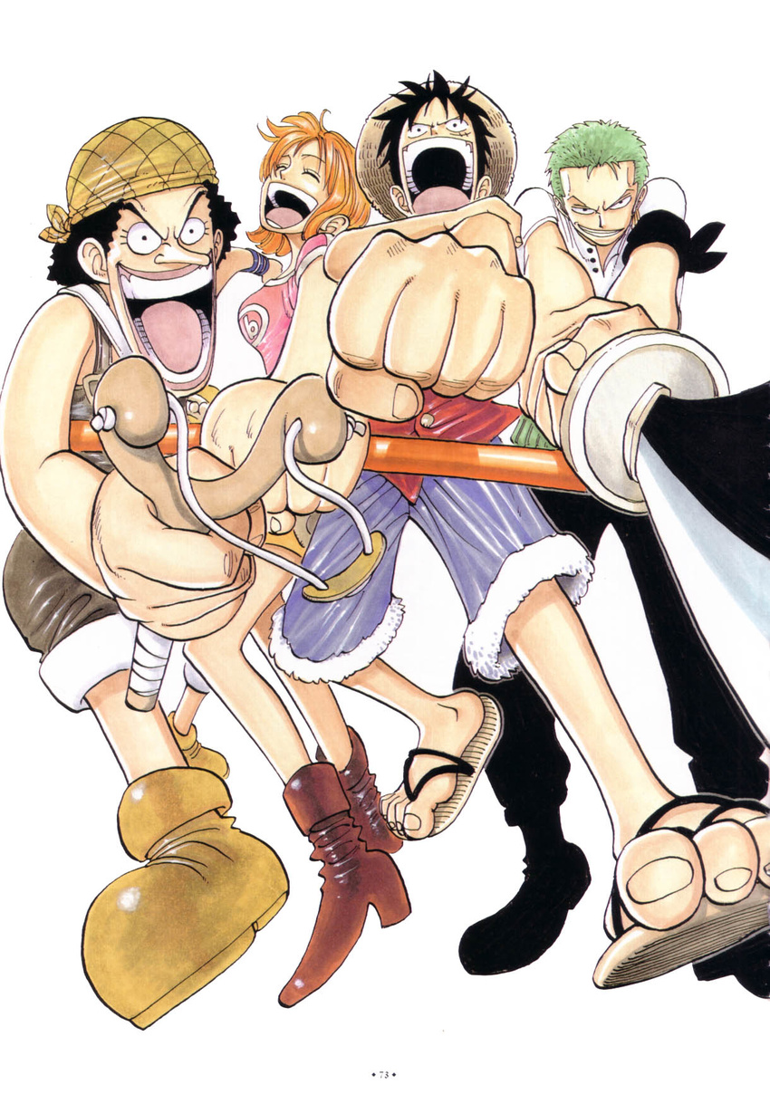 1girl 3boys bandanna black_hair black_pants clothes_writing earrings east_blue female goggles green_hair happy hat highres jewelry monkey_d_luffy multiple_boys nami nami_(one_piece) oda_eiichiro oda_eiichirou official_art one_piece orange_hair overalls pants pole roronoa_zoro sandals shirt shorts simple_background slingshot smile straw_hat striped striped_shirt sword usopp vest weapon white_shirt