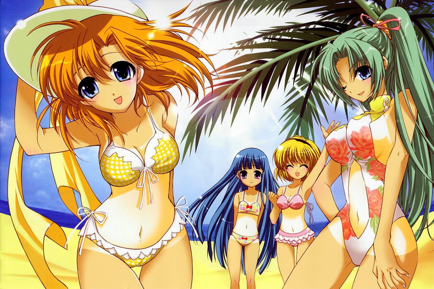 arm_up armpits beach bikini blonde_hair blue_eyes blue_hair blush breasts checkered checkered_bikini cleavage closed_eyes day flat_chest flower frilled_bikini frills front-tie_top furude_rika green_hair hairband hand_on_hip hat head_tilt highres higurashi_no_naku_koro_ni houjou_satoko large_breasts leaning_forward long_hair multiple_girls navel one-piece_swimsuit one-piece_tan one_eye_closed open_mouth orange_hair outdoors palm_tree plaid plaid_bikini ponytail purple_eyes rose ryuuguu_rena scan short_hair side-tie_bikini sky smile sonozaki_mion striped striped_bikini suzuragi_karin swimsuit tan tanline thigh_gap tree turtleneck very_long_hair water waving