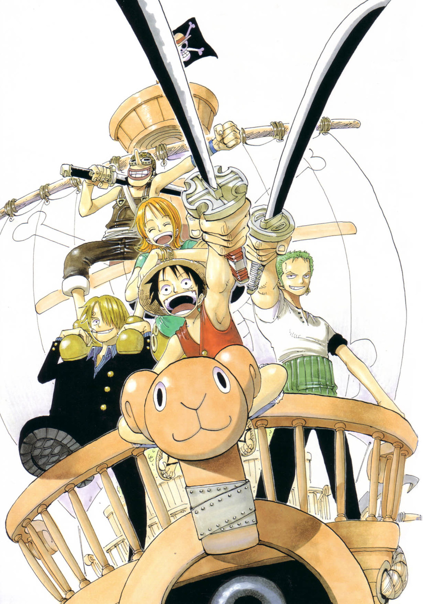 1girl 4boys anchor bandanna black_hair black_pants blue_shirt bracelet cannon east_blue formal goggles going_merry green_hair hair_over_one_eye haramaki hat highres jewelry jolly_roger monkey_d_luffy multiple_boys nami nami_(one_piece) oda_eiichiro oda_eiichirou official_art one_piece orange_hair overalls pants pirate pirate_flag railing red_vest rope roronoa_zoro sandals sanji scar ship shirt simple_background sitting smile standing straw_hat striped striped_shirt suit sword tree usopp vest weapon white_shirt