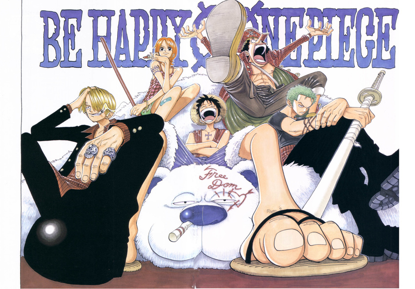 1girl 4boys bear black_hair blonde_hair cigarette colorspread copyright_name cover cover_page female green_hair hair_over_one_eye haramaki hat highres lipstick makeup monkey_d_luffy multiple_boys nami nami_(one_piece) oda_eiichiro oda_eiichirou offical_art official_art one_piece open_clothes open_mouth open_shirt orange_hair overalls roronoa_zoro sandals sanji scar sheathed_sword shirt sitting smoking sword tattoo title_drop usopp weapon