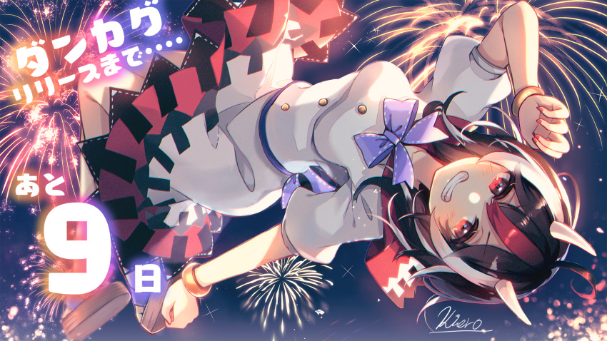 1girl arm_up arrow_(symbol) artist_name bangs black_hair blush bow bowtie bracelet breasts brown_footwear buttons closed_mouth dress eyebrows_visible_through_hair fireworks flying hair_between_eyes hand_up highres horns jewelry kijin_seija kirero light looking_at_viewer medium_breasts multicolored multicolored_hair night night_sky number puffy_short_sleeves puffy_sleeves purple_bow purple_footwear purple_neckwear red_eyes red_hair sandals shadow short_hair short_sleeves sky smile solo teeth touhou white_dress white_hair