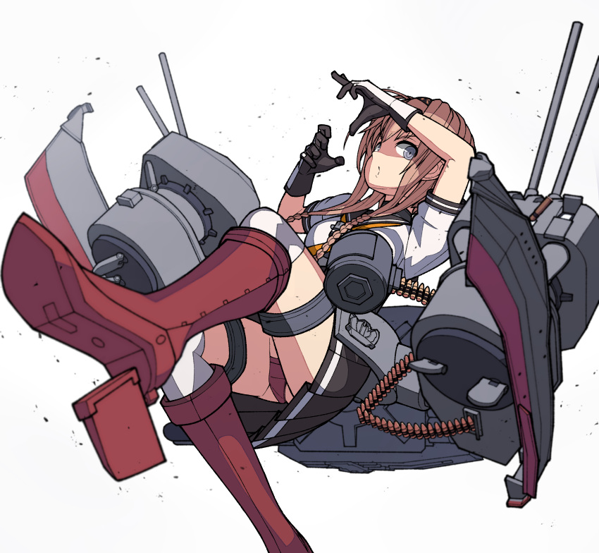 1girl absurdres anchor black_gloves boots braid chou-10cm-hou-chan gloves grey_eyes hair_ornament highres kantai_collection karasuma_kuraha kneehighs light_brown_hair looking_at_viewer miniskirt neckerchief panties pantyshot pleated_skirt propeller_hair_ornament red_footwear red_panties rigging rudder_footwear school_uniform serafuku simple_background skirt teruzuki_(kancolle) thigh_boots thigh_strap thighhighs turret twin_braids underwear white_background white_gloves white_legwear yellow_neckwear