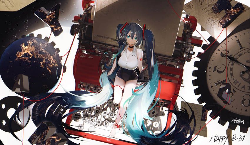 1girl ahoge aqua_eyes aqua_hair arm_tattoo artist_name bangs bare_shoulders barefoot black_choker black_shorts blue_hair breasts chinese_commentary choker cleavage clock closed_mouth collarbone commentary_request dated from_above full_body hair_between_eyes happy_birthday hatsune_miku highres large_breasts leg_ribbon long_hair looking_at_viewer looking_up multicolored_hair number_tattoo omone_hokoma_agm red_ribbon ribbon shirt short_shorts shorts sitting sleeveless sleeveless_shirt solo tattoo two-tone_hair typewriter very_long_hair vocaloid white_shirt