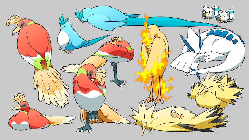 articuno bird closed_eyes closed_mouth commentary fire gen_1_pokemon gen_2_pokemon gen_3_pokemon grey_background highres ho-oh komepan legendary_pokemon lying moltres no_humans on_back on_stomach pokemon pokemon_(creature) simple_background standing standing_on_one_leg talons wingull zapdos