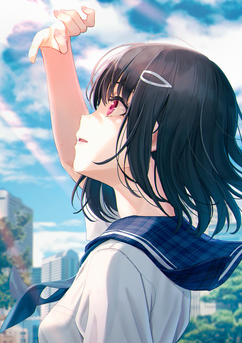 1girl arm_up bangs black_hair blue_neckwear blurry blurry_background building commentary day depth_of_field from_side hair_ornament hairclip highres hyuuga_azuri looking_up neckerchief open_mouth original outdoors plaid_sailor_collar profile red_eyes sailor_collar school_uniform serafuku shirt short_hair solo tree upper_body white_shirt