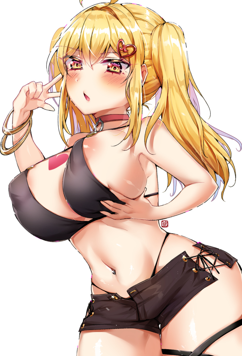 1girl ahoge areola_slip areolae ass_grab bangs black_bra black_panties black_shorts blonde_hair blue_hair blush bra breasts choker commentary_request covered_nipples eyebrows_visible_through_hair grabbing_own_ass gradient_hair hair_between_eyes hair_ornament heart heart_hair_ornament heart_tattoo highleg highleg_panties highres indie_virtual_youtuber large_breasts looking_at_viewer marin704 mixed-language_commentary multicolored_hair navel open_mouth panties perky_breasts purple_hair saaya_(kirome) short_shorts shorts sideboob simple_background solo standing tattoo thighs twintails unbuttoned underwear v virtual_youtuber white_background yellow_eyes