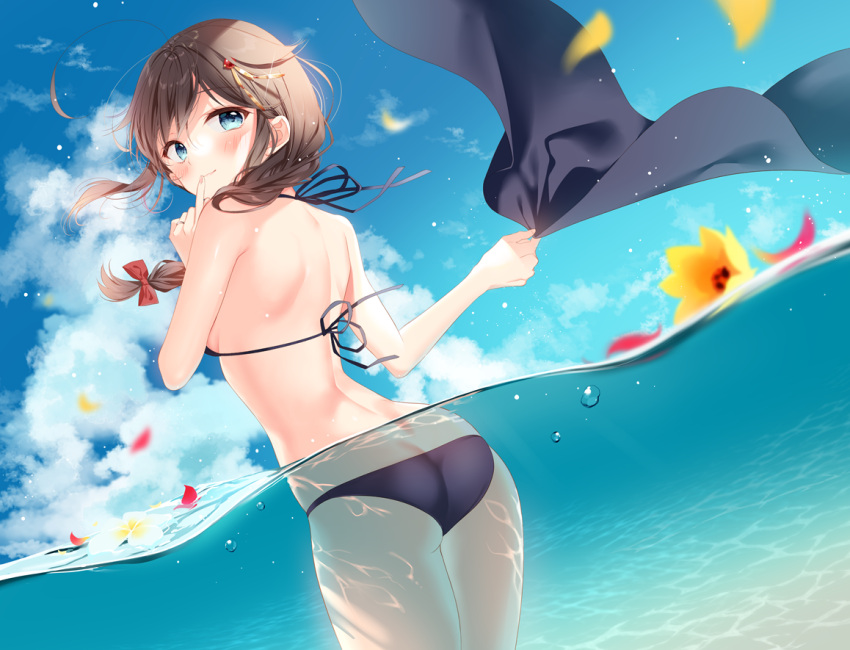 1girl ahoge ass back bare_arms bare_legs bare_shoulders bikini black_bikini black_hair black_sarong blue_eyes blue_sky blush braid closed_mouth cloud commentary_request cowboy_shot day finger_to_mouth flower from_behind hair_flaps hair_ornament hair_over_shoulder halterneck holding kantai_collection long_hair looking_at_viewer looking_back naoto_(tulip) ocean outdoors partially_submerged partially_underwater_shot petals remodel_(kantai_collection) sarong sarong_removed shigure_(kancolle) single_braid sky smile solo standing string_bikini swimsuit wading water