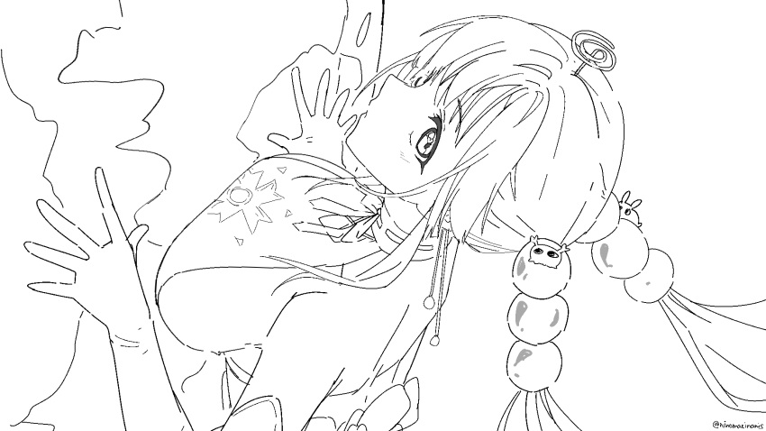1girl ahoge breasts choker dress elbow_gloves from_above from_behind giant giantess gloves greyscale highres hololive hololive_english large_breasts lineart looking_at_viewer magic monochrome ninomae_ina'nis_(artist) planet ribbon sideboob sketch solo tsukumo_sana twintails