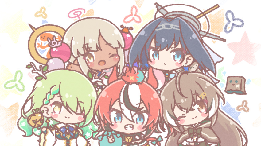 5girls ahoge animal_ears apple bag blue_eyes blue_hair blush_stickers braid branch brown_capelet brown_cloak brown_eyes brown_hair capelet ceres_fauna chibi cloak clothing_cutout collar commentary_request dark-skinned_female dark_skin earrings eyebrows_visible_through_hair feather_hair_ornament feathers food french_braid friend_(nanashi_mumei) fruit golden_apple green_eyes green_hair hair_between_eyes hair_ornament hakos_baelz highres holocouncil hololive hololive_english jewelry long_hair mitarashi_neko mouse mouse_ears mouse_girl mouse_tail mr._squeaks_(hakos_baelz) multicolored_hair multiple_girls nanashi_mumei one_eye_closed open_mouth ornament ouro_kronii paper_bag planet_hair_ornament rat red_hair ribbon sparkle spiked_collar spikes star_(symbol) tail tsukumo_sana v virtual_youtuber white_hair