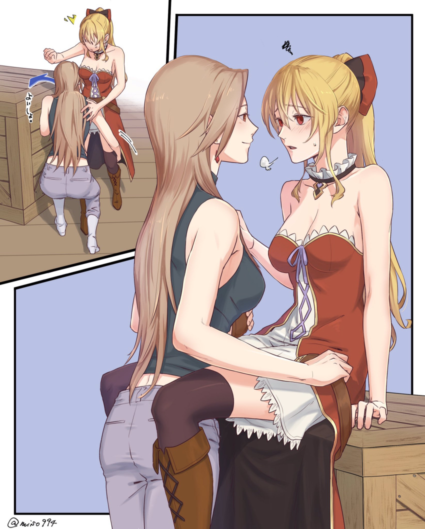 2girls blonde_hair boots breasts brown_hair denim dress granblue_fantasy highres jeans katalina_(granblue_fantasy) long_hair miso-ha_(ukyuu) multiple_girls pants red_eyes short_dress vira_lilie wooden_box yuri