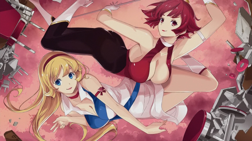 2girls armband armpits ass bangs blonde_hair blue_eyes boots breasts brown_eyes cleavage cleavage_cutout clothing_cutout collarbone cutie_honey cutie_honey_(character) cutie_honey_universe dress dual_persona eyelashes gloves hairband kisaragi_honey large_breasts lipstick long_hair looking_at_viewer makeup mikoto_akemi multiple_girls official_art red_hair sidelocks skin_tight sleeveless sleeveless_dress smile sword v v-shaped_eyebrows weapon