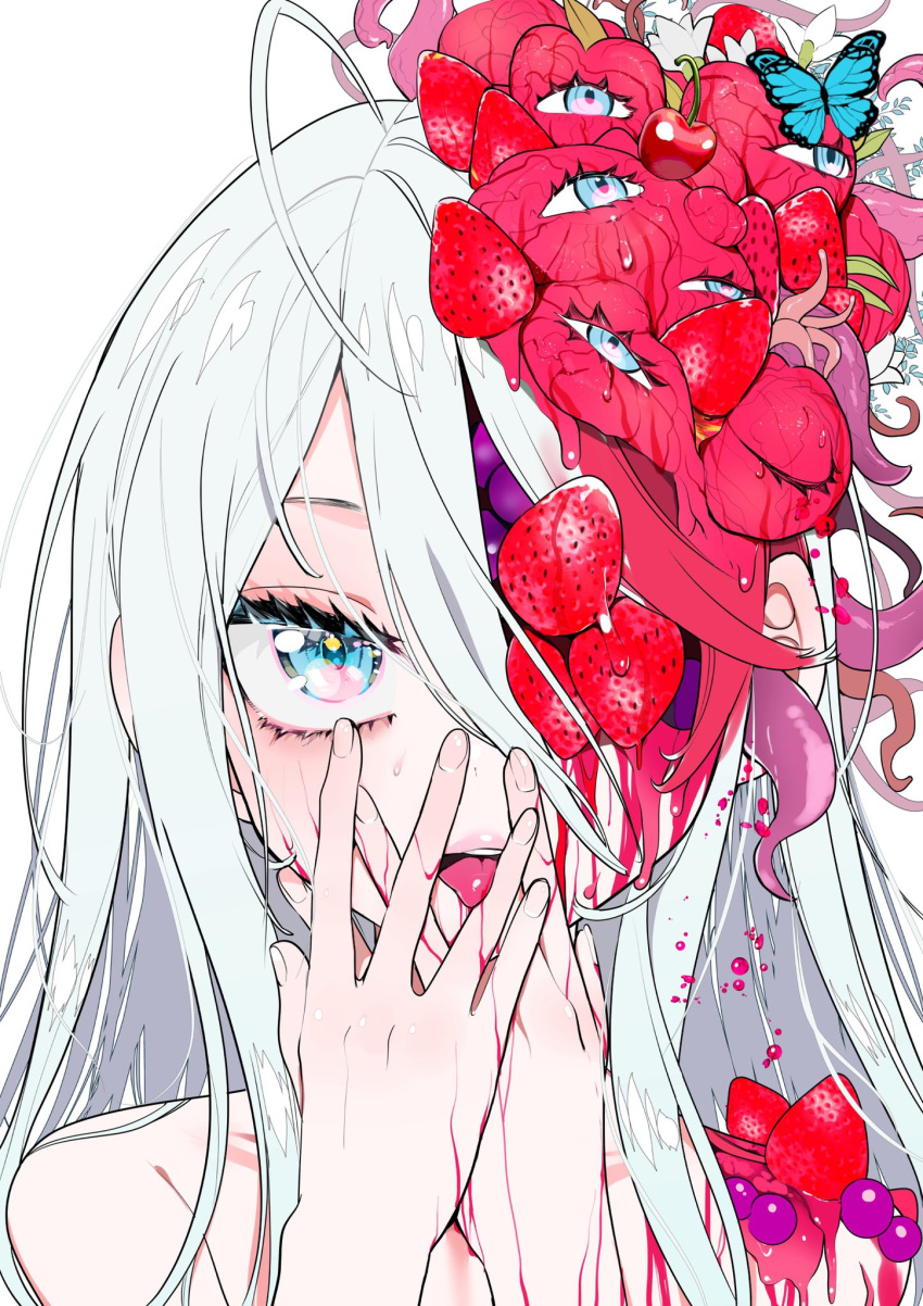 1girl ambiguous_red_liquid blue_butterfly blue_eyes body_horror bug butterfly cherry_blossoms collarbone dripping extra_eyes fingernails flesh flower food fruit hair_between_eyes hair_over_one_eye hands_on_own_face highres horror_(theme) insect intestine_hair licking licking_finger long_hair looking_at_viewer monster_girl one_eye_covered original own_hands_together portrait simple_background solo straight_hair strawberry teeth tentacles tongue tongue_out watariganikun white_background white_hair