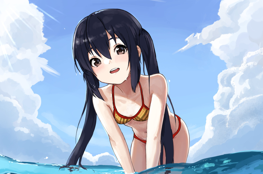 1girl absurdres bangs bare_shoulders bent_over bikini black_hair blue_sky breasts brown_eyes cloud commentary day hair_between_eyes highres k-on! kibitarou leaning_forward long_hair looking_at_viewer nakano_azusa navel ocean open_mouth outdoors partially_submerged plaid plaid_bikini red_bikini round_teeth sidelocks sky small_breasts smile solo swimsuit teeth twintails two-tone_bikini upper_teeth v_arms very_long_hair wading water_drop wet yellow_bikini
