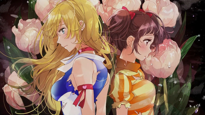 2girls aki_natsuko bangs blonde_hair blue_eyes blush bow breasts brown_eyes brown_hair choker cutie_honey cutie_honey_universe dress flower fly_(marguerite) hair_bow kisaragi_honey multiple_girls official_art parted_lips profile puffy_short_sleeves puffy_sleeves raised_eyebrows rose short_sleeves striped striped_dress torn_clothes twintails wet