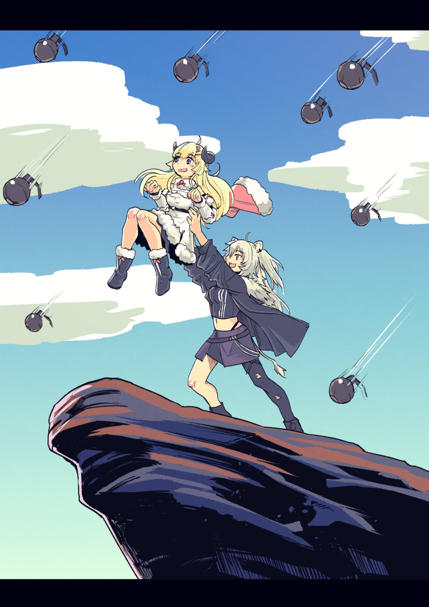 2girls ahoge animal_ears bangs blonde_hair blue_sky cape cliff cloud commentary_request day ear_clip explosive eyebrows_visible_through_hair grenade highres holding_another holding_up hololive horns lifting_another lion_ears lion_girl long_hair midriff multiple_girls navel outdoors parody sheep_girl sheep_horns shibe shishiro_botan silver_hair sky the_lion_king tsunomaki_watame very_long_hair virtual_youtuber