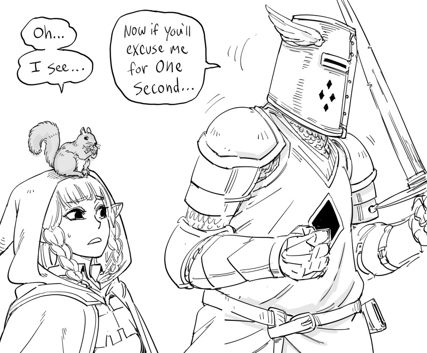 1boy 1girl armor bb_(baalbuddy) braid cloak crossover dragon's_crown elf elf_(dragon's_crown) english_commentary english_text greyscale helmet highres holding holding_sword holding_weapon hood hooded_cloak knight monochrome pelinal_whitestrake pointy_ears simple_background speech_bubble squirrel surcoat sword the_elder_scrolls weapon white_background