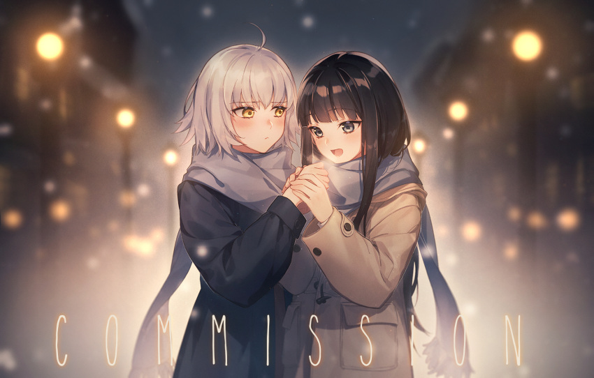 2girls aluce black_hair blue_eyes blurry blurry_background blush closed_mouth coat cold commission fate/grand_order fate_(series) frown glowing happy holding_hands house jacket jeanne_d'arc_(alter)_(fate) jeanne_d'arc_(fate)_(all) lamp light long_hair looking_at_another looking_down multiple_girls open_mouth original scarf shared_scarf shiny shiny_hair short_hair smile standing white_hair winter winter_clothes yellow_eyes yuri