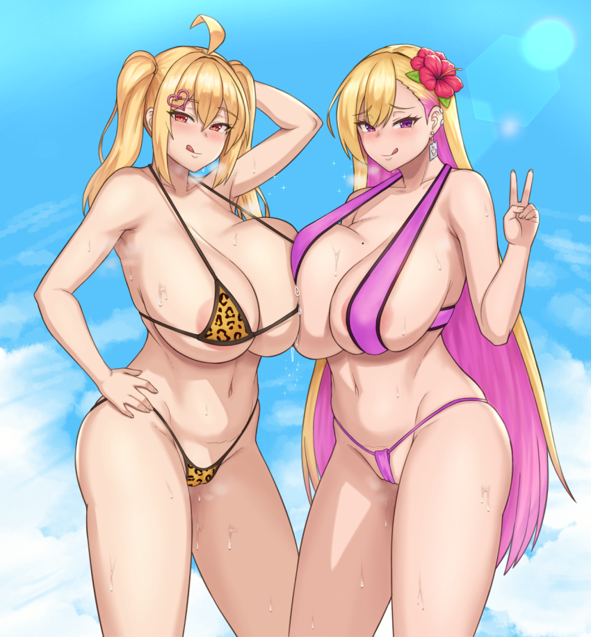 2girls :p ahoge animal_print areola_slip areolae arm_behind_head bangs bikini blonde_hair blue_sky boryeon_(last_origin) breast_press breasts breath colored_inner_hair crossover day eyebrows_visible_through_hair gyaru hair_between_eyes hand_on_hip highres large_breasts last_origin leopard_print long_hair micro_bikini mole mole_on_breast multicolored_hair multiple_girls navel original pink_bikini pink_hair purple_eyes red_eyes revealing_clothes saaya_(kirome) skindentation sky strap_gap swimsuit symmetrical_docking tongue tongue_out twintails two-tone_hair v very_long_hair water_drop wet zb_(xucz8527)
