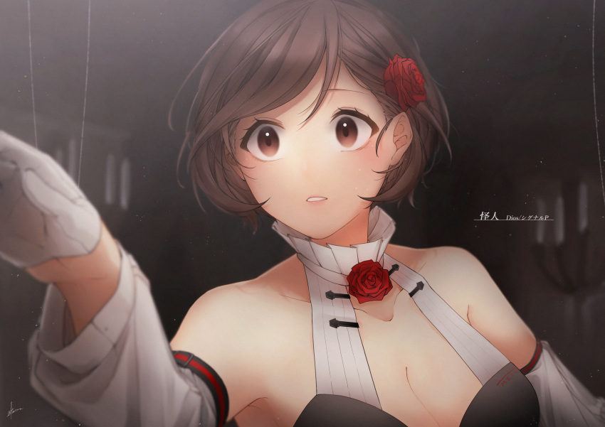 1girl absurdres after0217 bare_shoulders brown_eyes brown_hair collar detached_sleeves flower gloves hair_flower hair_ornament hand_up highres meiko miku_symphony_(vocaloid) outstretched_arm parted_lips rose short_hair solo vocaloid