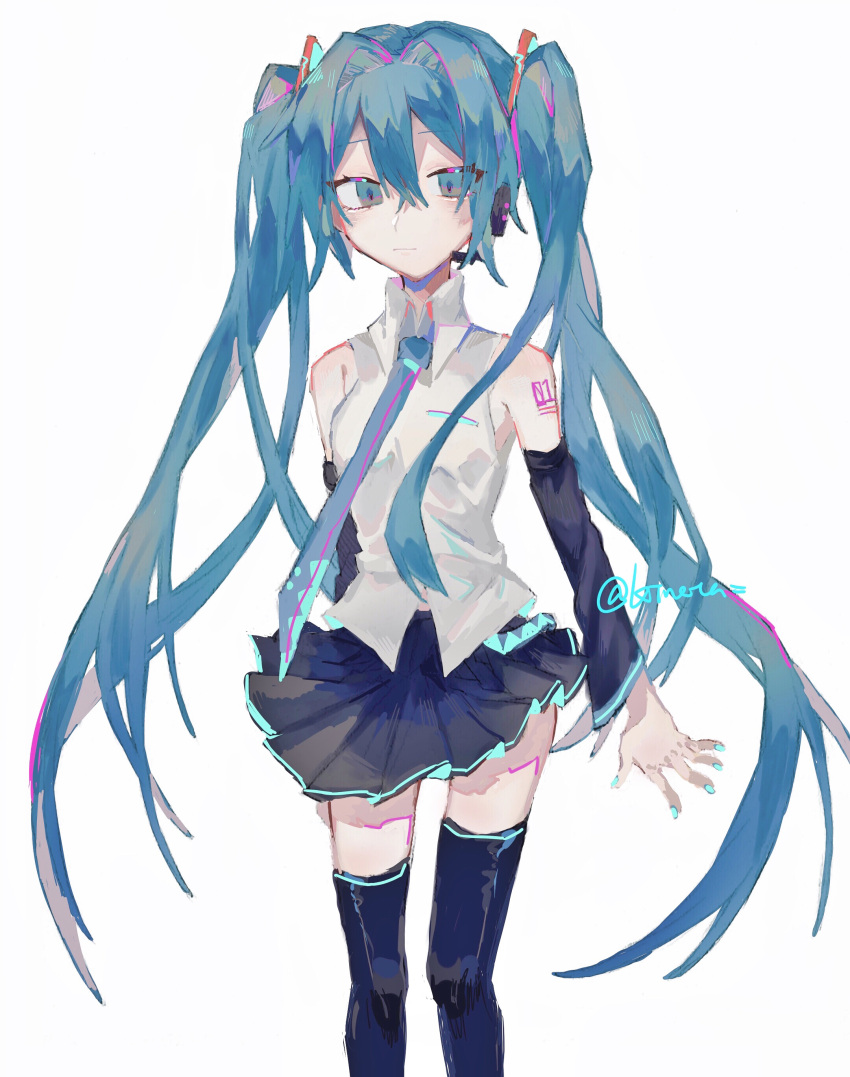 1girl absurdres bangs black_skirt black_sleeves blue_eyes blue_hair blue_legwear blue_nails blue_neckwear closed_mouth collared_shirt commentary detached_sleeves feet_out_of_frame hair_between_eyes hatsune_miku highres kineta light_smile long_hair long_sleeves looking_at_viewer necktie pleated_skirt shirt simple_background skirt sleeveless sleeveless_shirt solo tattoo thighhighs twintails twitter_username very_long_hair vocaloid white_background white_shirt