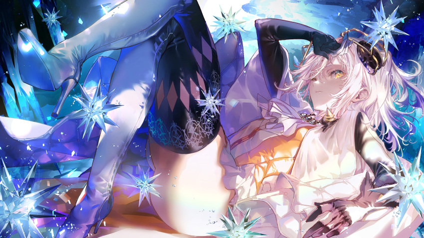 1girl alchemy_stars ascot bangs black_gloves boots carleen_(alchemy_stars) closed_mouth elbow_gloves gloves hair_ornament high_heels highres hitaki_yuu looking_at_viewer lying on_back one_eye_closed solo thigh_boots thighhighs thighs white_hair white_neckwear yellow_eyes