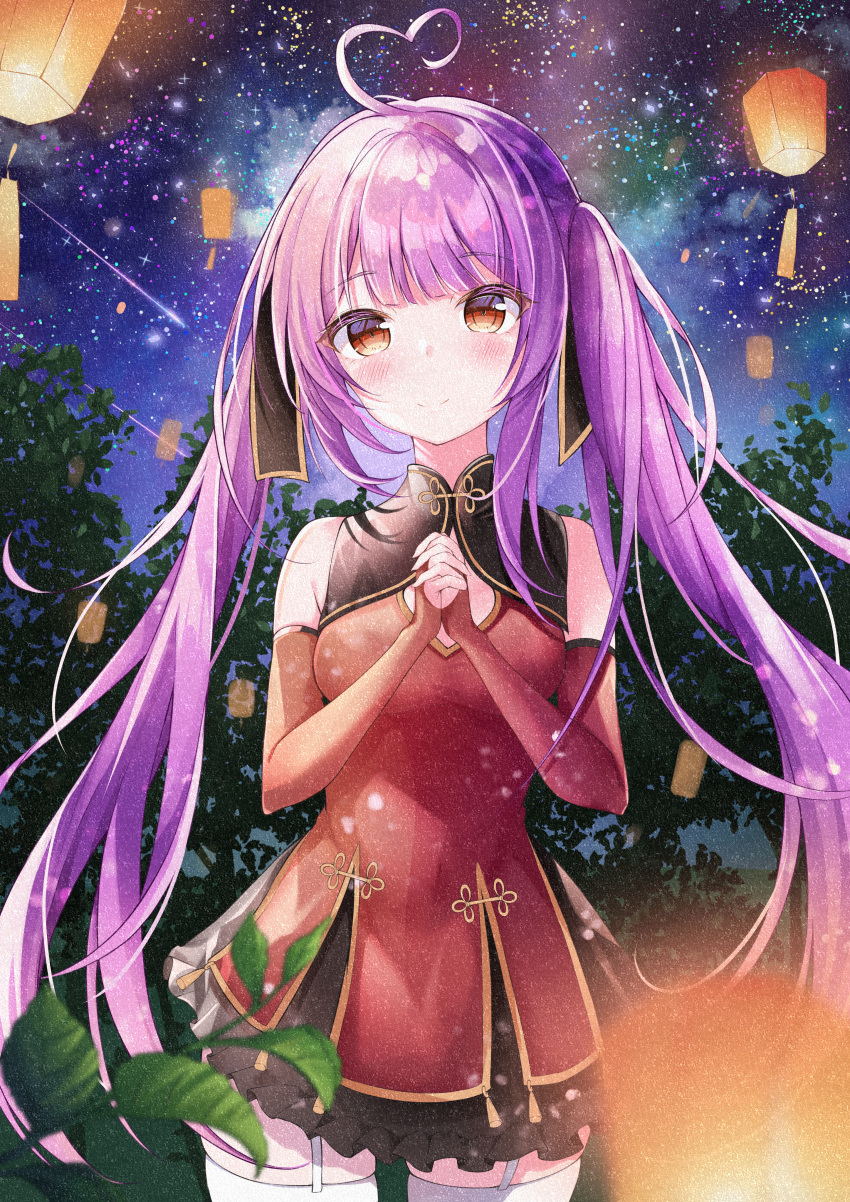 1girl absurdres ahoge bangs blunt_bangs blurry chinese_clothes chucolala commentary_request depth_of_field elbow_gloves eyebrows_visible_through_hair garter_straps gloves highres huge_filesize interlocked_fingers lantern lantern_festival long_hair looking_at_viewer nayuuchan night night_sky orange_eyes otome_oto own_hands_together paper_lantern purple_hair sidelocks sky sky_lantern smile solo star_(sky) starry_sky thighhighs virtual_youtuber white_legwear zettai_ryouiki