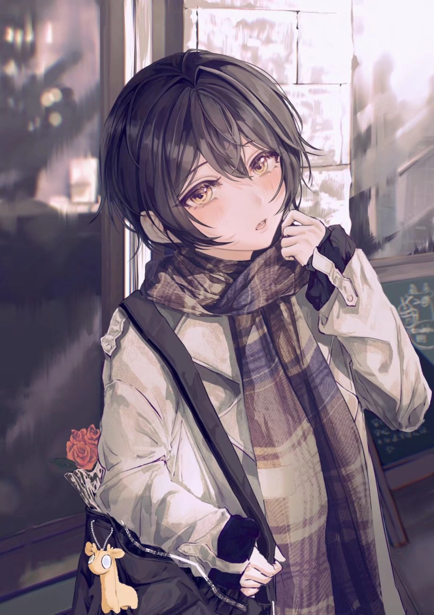 1girl bag black_hair brown_coat brown_eyes brown_scarf coat commentary d4dj giraffe_three hand_up highres long_sleeves looking_at_viewer miyake_aoi open_clothes open_coat outdoors parted_lips plaid plaid_scarf scarf short_hair shoulder_bag sleeves_past_wrists solo upper_body