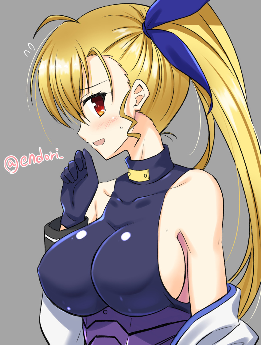 1girl ahoge artist_name bare_shoulders blonde_hair blush breasts covered_nipples endori eyebrows_visible_through_hair grey_background hair_ornament hair_ribbon highres large_breasts long_hair lyrical_nanoha mahou_shoujo_lyrical_nanoha_strikers open_mouth ponytail red_eyes ribbon shiny shiny_hair sideboob simple_background solo sweat upper_body vivio