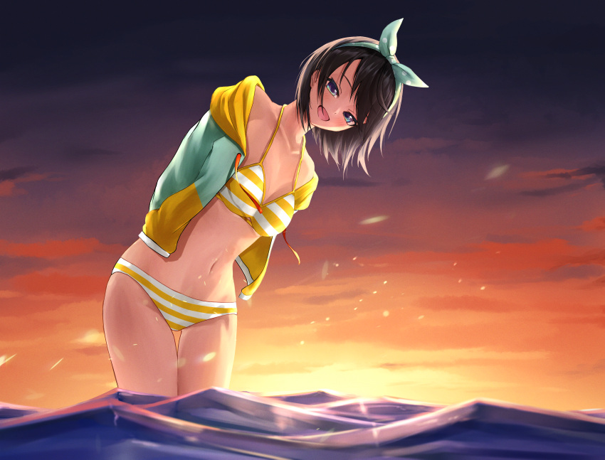 1girl :d absurdres arms_behind_back bikini black_hair blue_eyes blue_jacket blue_ribbon blush breasts cleavage cloud cloudy_sky commentary cowboy_shot hair_ribbon hairband highres hololive hood hooded_jacket huge_filesize jacket leaning_forward light_particles looking_at_viewer medium_breasts multicolored multicolored_clothes multicolored_jacket navel ocean off_shoulder official_alternate_costume oozora_subaru open_clothes open_jacket open_mouth orange_sky outdoors polka_dot_hairband purple_sky ribbon short_hair sky smile solo stomach striped striped_bikini sunlight sunset swimsuit thigh_gap thighs toi1et_paper two-tone_jacket virtual_youtuber wading yellow_bikini yellow_jacket
