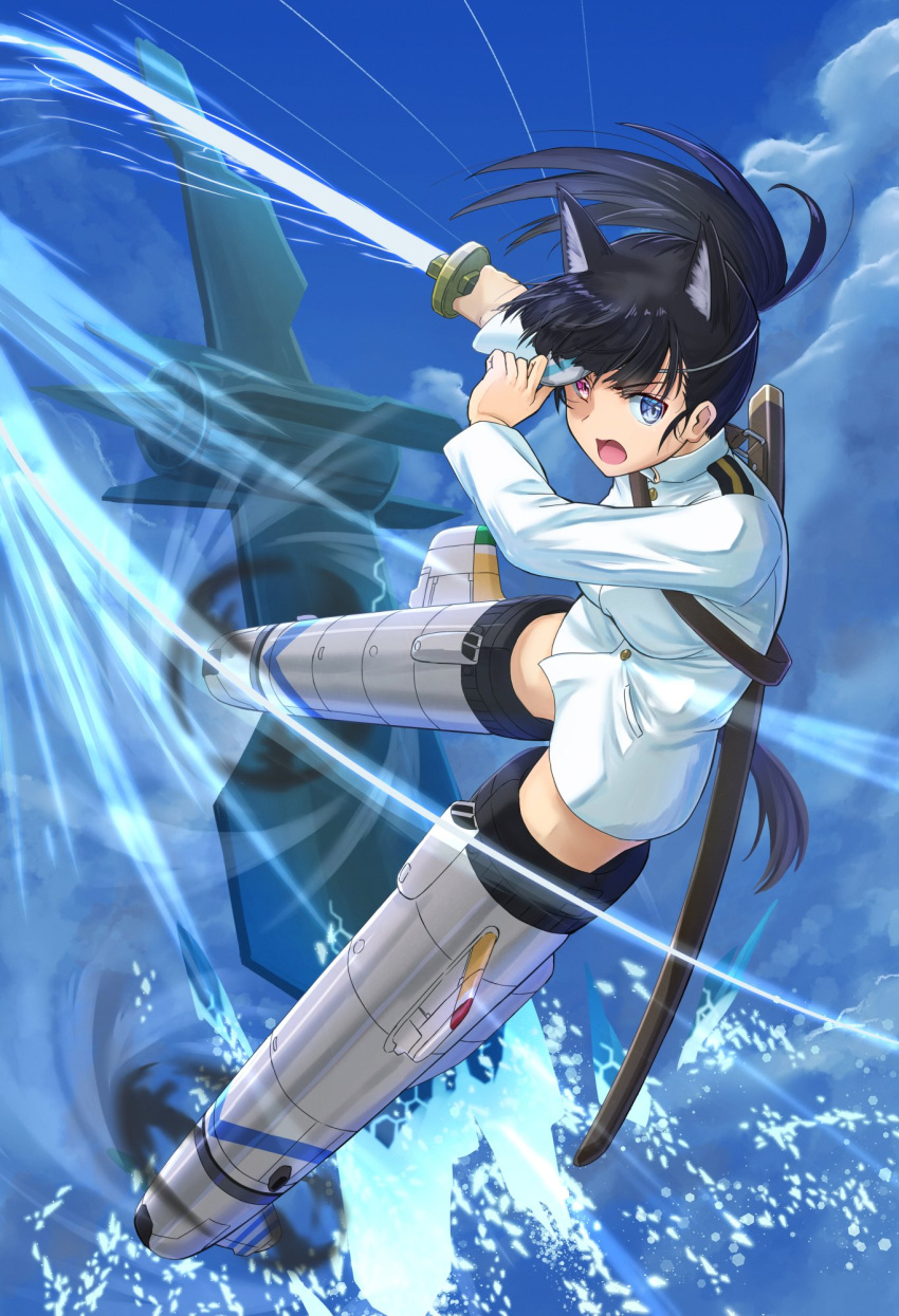 1girl aircraft airplane black_hair blue_sky brown_eyes bureikubureido cloud commentary_request eyepatch highres holding_eyepatch jacket katana long_hair military military_uniform open_mouth ponytail sakamoto_mio sky solo strike_witches striker_unit sword uniform weapon white_eyepatch white_jacket world_witches_series