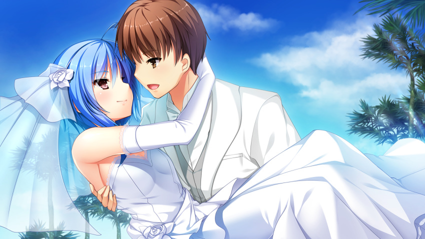 1boy 1girl :d ahoge blue_hair blue_sky breasts brown_eyes brown_hair carrying closed_mouth cloud couple day dress dress_shirt elbow_gloves eye_contact flower game_cg gloves grey_vest hair_flower hair_ornament highres hino_ryousuke hoshi_ori_yume_mirai husband_and_wife jacket koizumi_amane long_dress looking_at_another medium_hair official_art open_mouth ousaka_sora outdoors palm_tree princess_carry shiny shiny_hair shirt short_hair sky sleeveless sleeveless_dress small_breasts smile strapless strapless_dress sunlight tree vest wedding_dress white_dress white_flower white_gloves white_jacket white_shirt