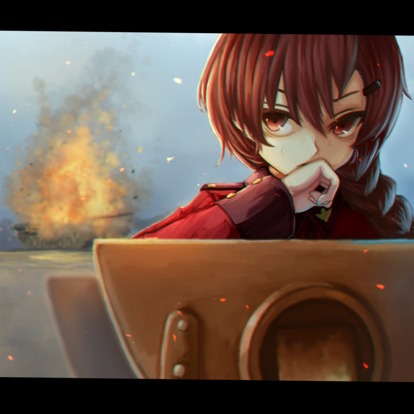 1girl bangs braid braided_ponytail brown_eyes brown_hair commentary_request embers fire girls_und_panzer grey_sky ground_vehicle hair_ornament hair_over_shoulder hairclip highres jacket letterboxed long_hair long_sleeves looking_at_viewer military military_uniform military_vehicle motor_vehicle outdoors red_jacket rukuriri_(girls_und_panzer) single_braid solo st._gloriana's_military_uniform sweat tacch tank tank_cupola uniform wiping_mouth