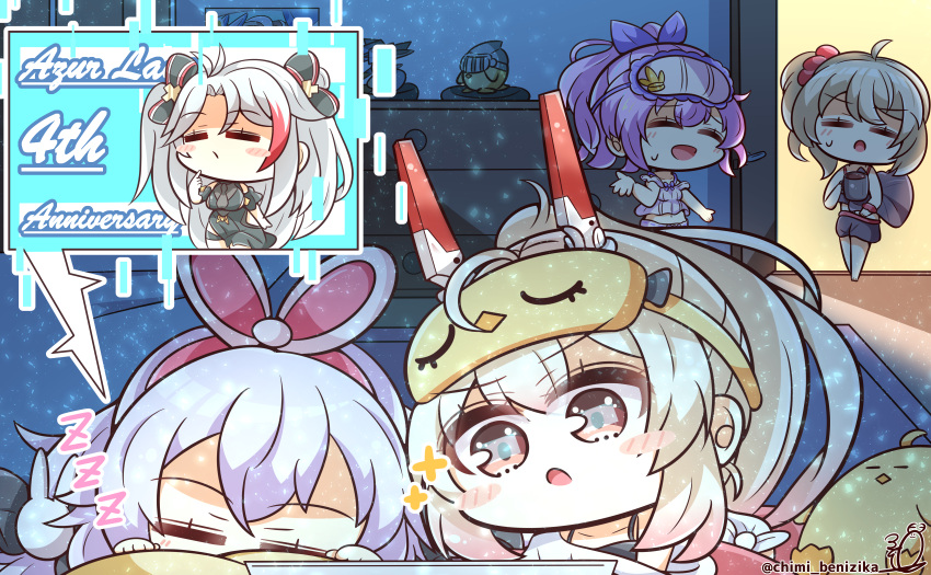 4girls ^_^ ^o^ absurdres ahoge animal_ears ayanami_(azur_lane) ayanami_(off-duty_battle_station_gear)_(azur_lane) azur_lane bangs benizika brown_eyes chibi closed_eyes commentary_request copyright_name english_text eye_mask eyebrows_visible_through_hair fake_animal_ears hair_between_eyes hair_ornament hair_ribbon hairband hairclip headgear highres javelin_(azur_lane) javelin_(operation:_pillow_fight!)_(azur_lane) laffey_(azur_lane) laffey_(beginning_and_end_of_cleaning)_(azur_lane) long_hair looking_at_viewer manjuu_(azur_lane) multiple_girls one_side_up pajamas ponytail prinz_eugen_(azur_lane) prinz_eugen_(cordial_cornflower)_(azur_lane) purple_hair rabbit_ears retrofit_(azur_lane) ribbon short_sleeves sidelocks silver_hair sleeping sweat twintails twitter_username watching white_hair z23_(azur_lane) z23_(secret_care_room)_(azur_lane) zzz