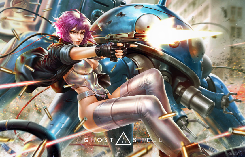 1girl bangs black_gloves black_jacket breasts cleavage copyright_name covered_navel dcwj feet_out_of_frame fingerless_gloves firing ghost_in_the_shell ghost_in_the_shell_stand_alone_complex gloves gun highleg highleg_leotard highres jacket kusanagi_motoko large_breasts leotard medium_hair parted_lips purple_hair red_eyes solo tachikoma thighhighs weapon