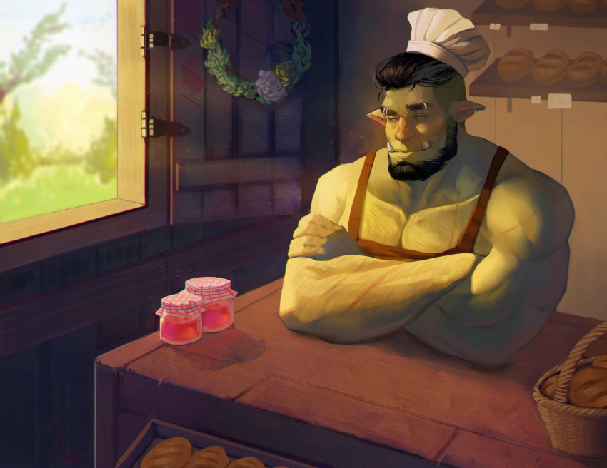 1boy absurdres apron axel_(axelwarriorvs) bara bare_shoulders basket beard bread brown_apron chef chef_hat chest_hair colored_skin eyebrow_piercing facial_hair fangs food green_skin hat highres jam male_cleavage male_focus mature_male monster_boy muscular muscular_male naked_apron orc original pectorals piercing pointy_ears short_hair sidepec sitting sleeping solo window wooden_table