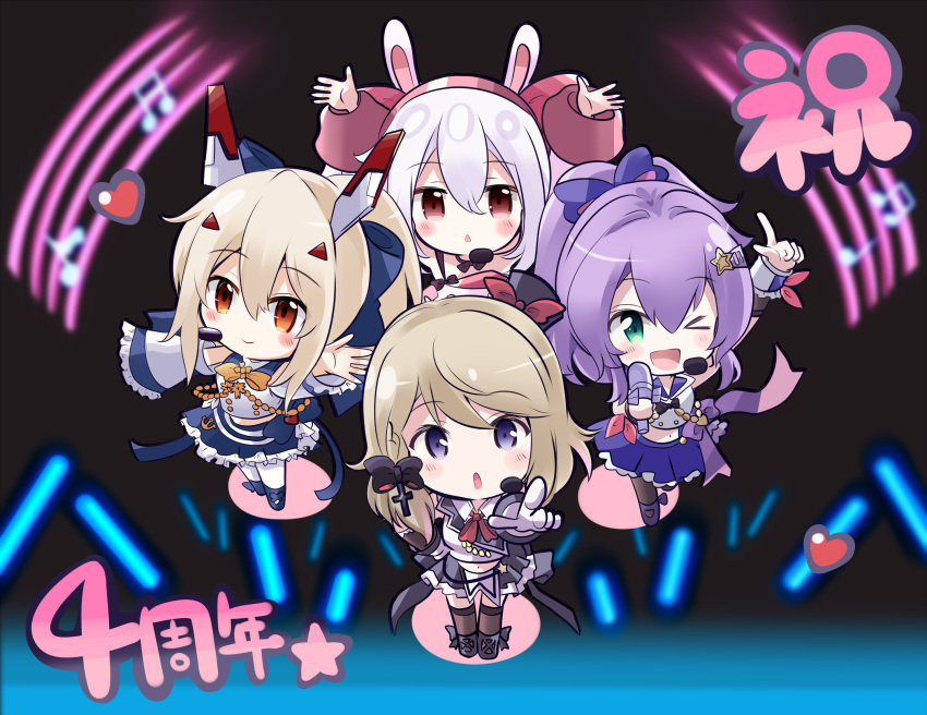 &gt;_o 4girls :d ;d animal_ears armpits arms_up ayanami_(azur_lane) ayanami_(troubled_star_idol)_(azur_lane) azur_lane bangs blue_eyes brown_hair chibi commentary_request crown detached_sleeves eyebrows_visible_through_hair fake_animal_ears green_eyes hair_between_eyes hair_ornament hairband hairclip headset highres idol iron_cross javelin_(aspiring_new_idol)_(azur_lane) javelin_(azur_lane) laffey_(azur_lane) laffey_(halfhearted_bunny_idol)_(azur_lane) long_hair midriff mini_crown multiple_girls navel official_alternate_costume one_eye_closed open_mouth orange_eyes pointing pointing_at_viewer ponytail pose purple_hair rabbit_ears red_eyes retrofit_(azur_lane) short_hair sidelocks silver_hair smile tonchinkan translation_request twintails white_hair wide_sleeves z23_(azur_lane) z23_(serious_idol_-_is_she_also_the_manager!?)_(azur_lane)