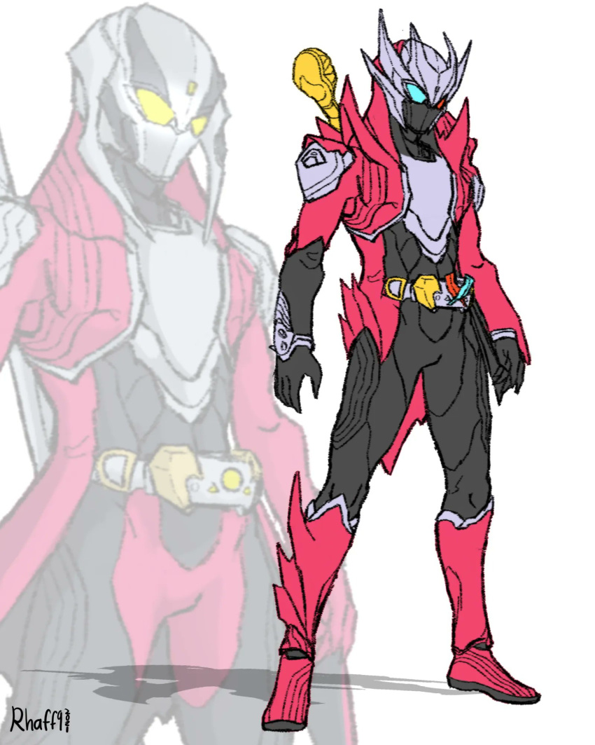 1boy adapted_costume alternate_costume armor belt blue_eyes crossover dante_(devil_may_cry) devil_may_cry_(series) devil_may_cry_3 devil_trigger helmet highres kamen_rider mask rider_belt sketch to_ze transformation weapon