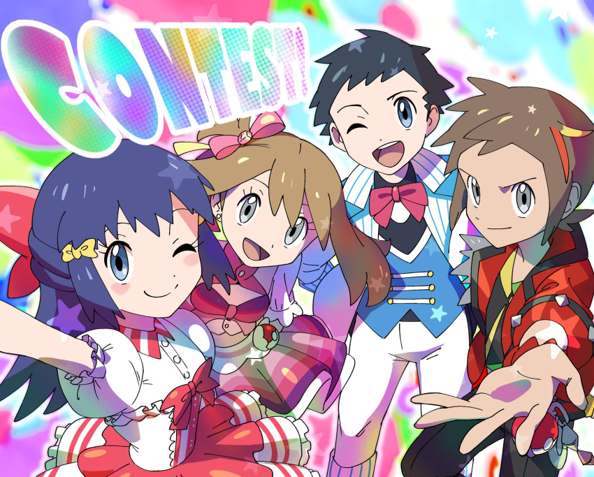 2boys 2girls arm_up bangs black_hair black_pants blue_vest blush_stickers bow bowtie brendan_(pokemon) brown_hair buttons closed_mouth commentary dawn_(pokemon) eyelashes frills grey_eyes hair_bow highres hungry_seishin jacket long_hair looking_at_viewer lucas_(pokemon) may_(pokemon) multiple_boys multiple_girls outstretched_hand pants poke_ball poke_ball_(basic) pokemon pokemon_(game) pokemon_bdsp pokemon_oras red_bow red_jacket shirt short_hair short_sleeves smile star_(symbol) vest white_pants yellow_bow