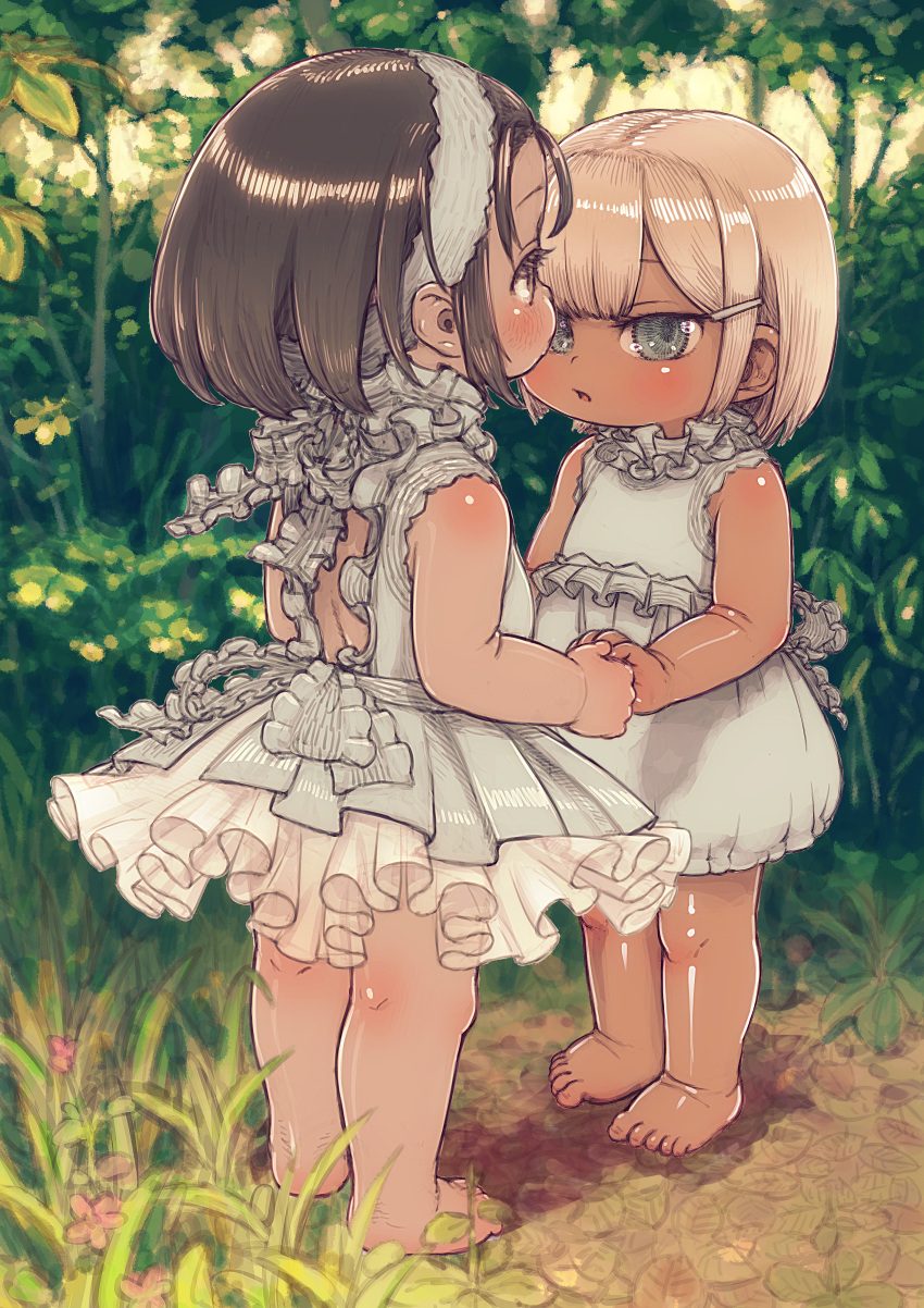 2girls absurdres bangs bare_shoulders barefoot blonde_hair blunt_bangs blush brown_hair character_request commentary_request copyright_request dot_nose dress eyebrows_visible_through_hair feral_lemma foliage full_body grass green_eyes hair_ornament hairclip highres holding_hands looking_at_viewer looking_to_the_side medium_hair multiple_girls outdoors parted_lips pleated_dress reward_available shadow shiny shiny_hair sidelocks sleeveless sleeveless_dress standing tareme tsurime white_dress